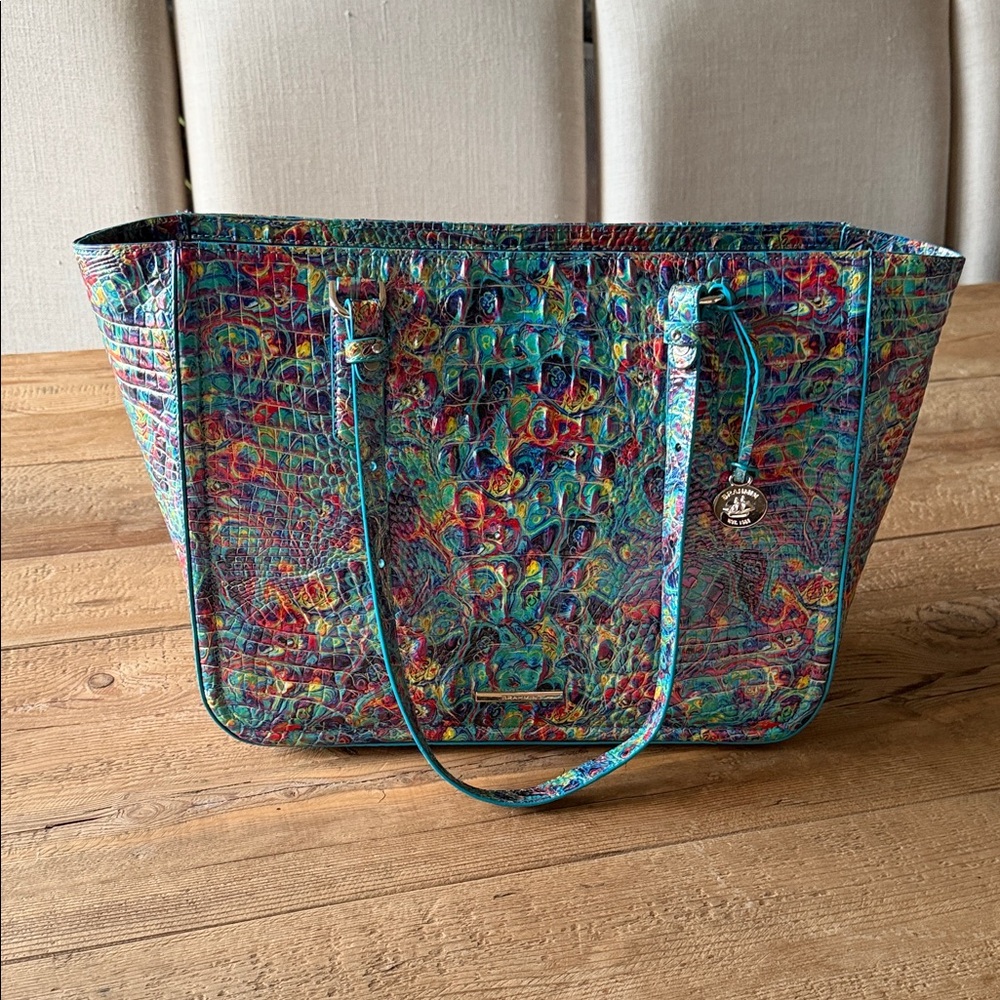 Brahmin Multicolor Croc-Embossed Tote with Teal Trim
